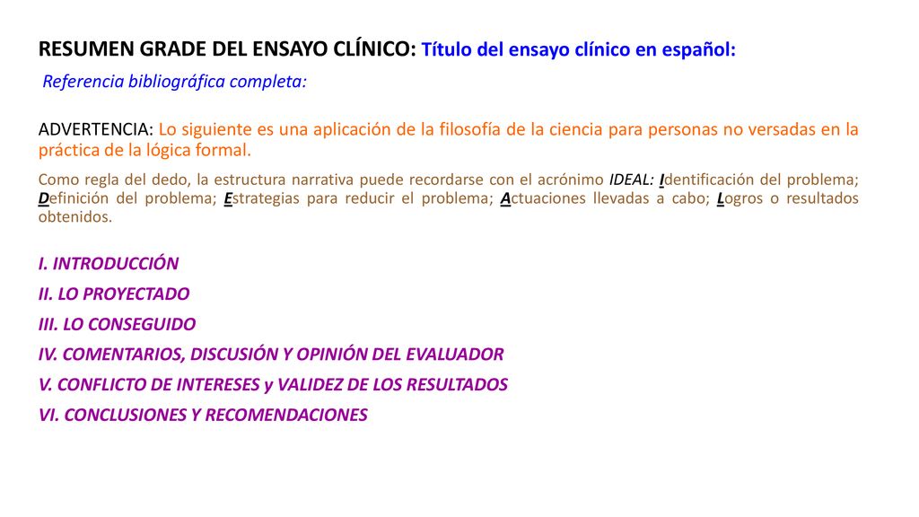 RESUMEN GRADE DEL ENSAYO CLÍNICO: Título del ensayo clínico en español: