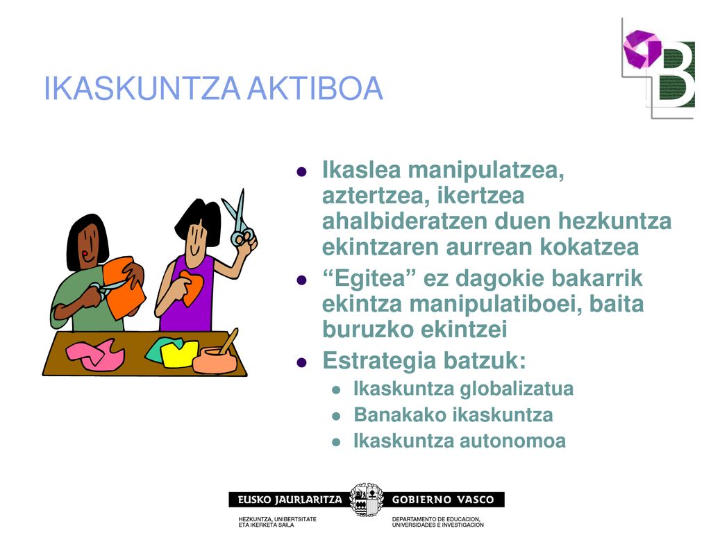IKASKUNTZA AKTIBOA Ikaslea manipulatzea, aztertzea, ikertzea ahalbideratzen duen hezkuntza ekintzaren aurrean kokatzea.