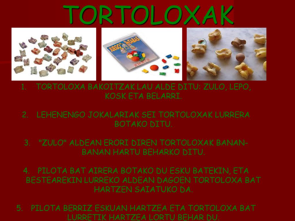 TORTOLOXAK TORTOLOXA BAKOITZAK LAU ALDE DITU: ZULO, LEPO, KOSK ETA BELARRI. LEHENENGO JOKALARIAK SEI TORTOLOXAK LURRERA BOTAKO DITU.