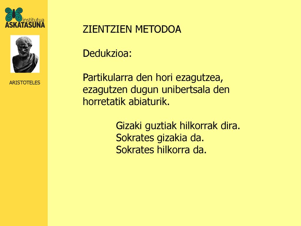 ZIENTZIEN METODOA Dedukzioa: Partikularra den hori ezagutzea, ezagutzen dugun unibertsala den horretatik abiaturik.