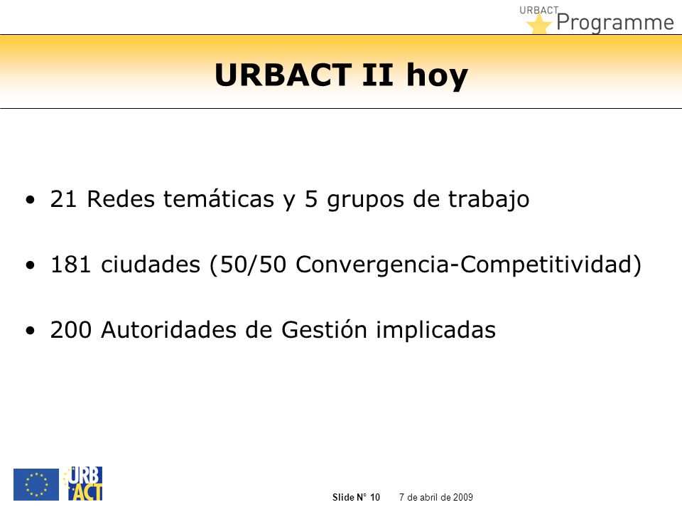 URBACT II hoy 21 Redes temáticas y 5 grupos de trabajo