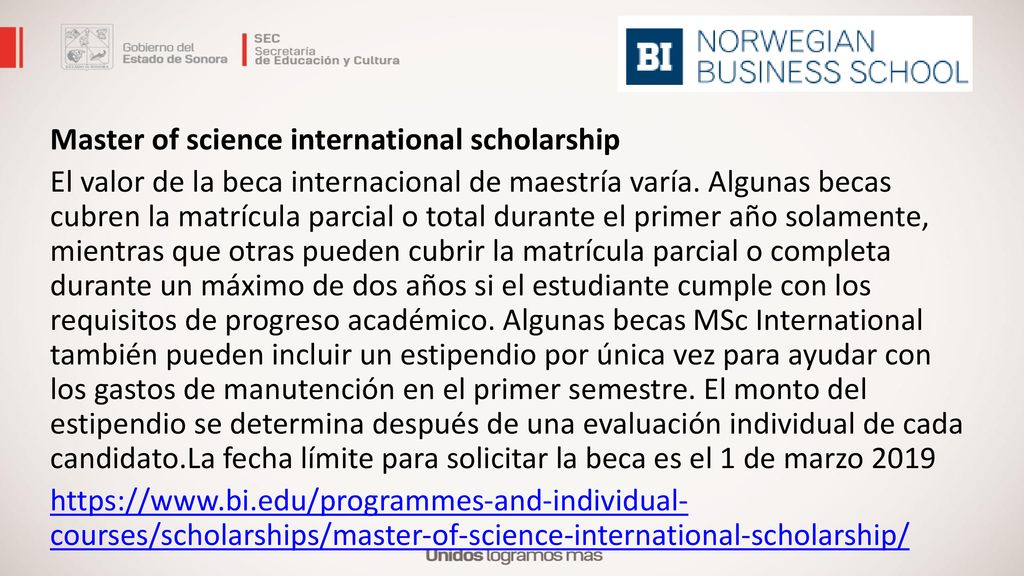 Master of science international scholarship El valor de la beca internacional de maestría varía.