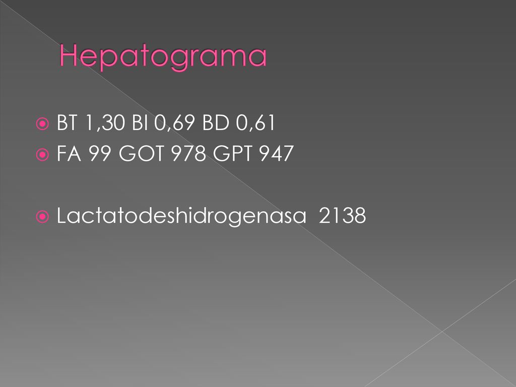 Hepatograma BT 1,30 BI 0,69 BD 0,61 FA 99 GOT 978 GPT 947