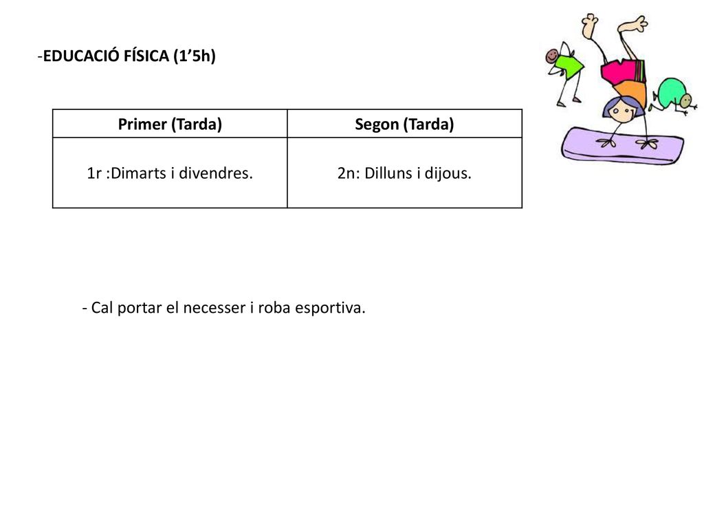 -EDUCACIÓ FÍSICA (1’5h) Primer (Tarda) Segon (Tarda) 1r :Dimarts i divendres. 2n: Dilluns i dijous.