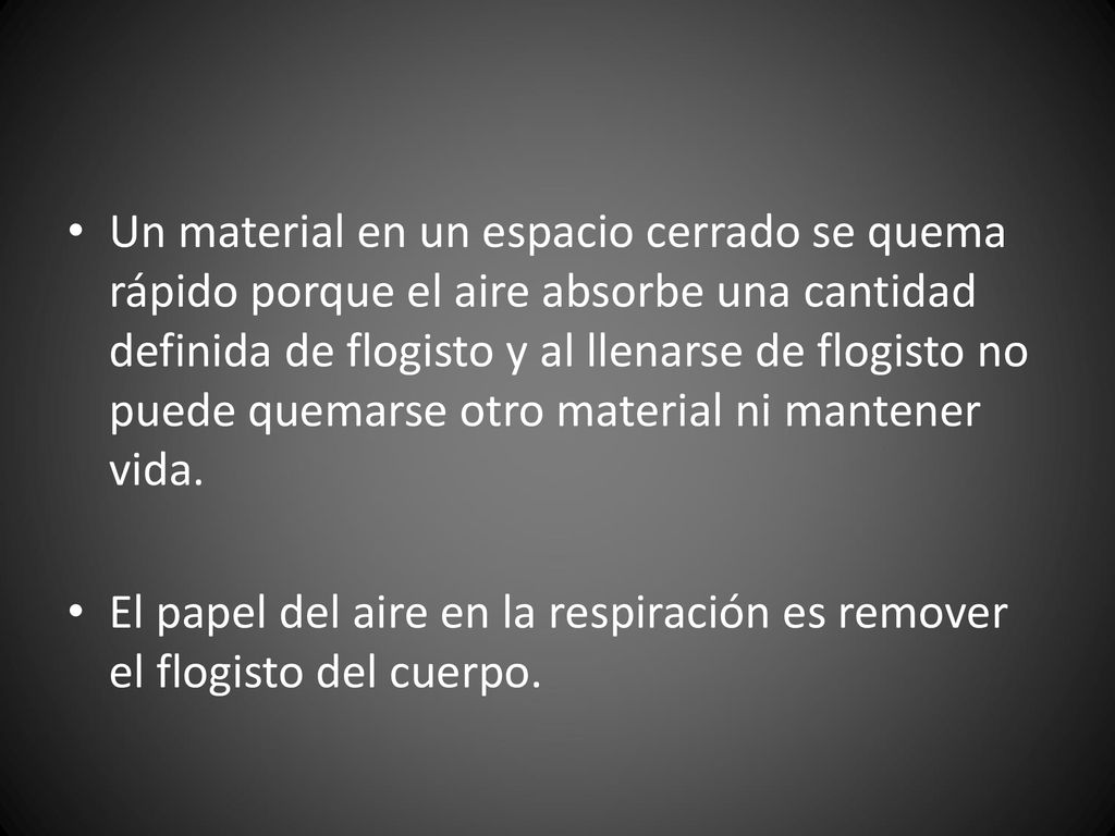 Un material en un espacio cerrado se quema rápido porque el aire absorbe una cantidad definida de flogisto y al llenarse de flogisto no puede quemarse otro material ni mantener vida.