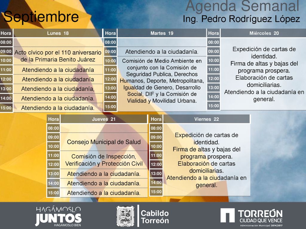 Agenda Semanal Septiembre Ing. Pedro Rodríguez López Cabildo Torreón