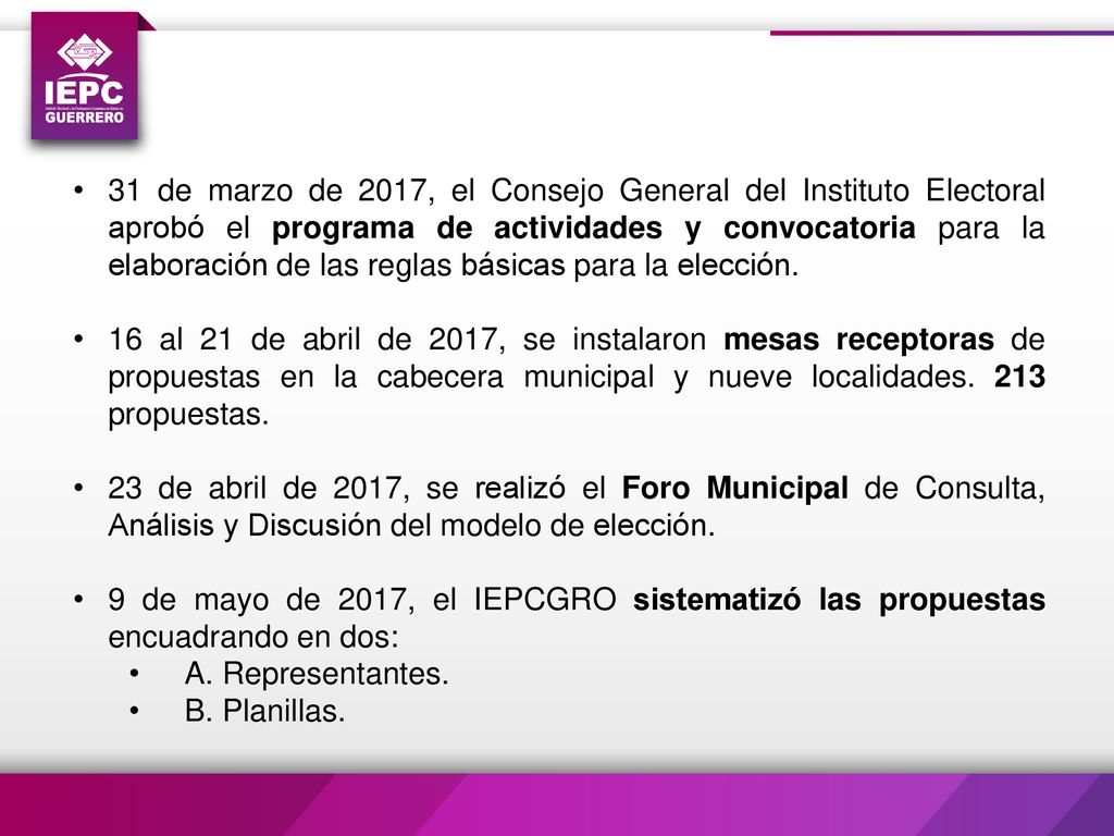 31 de marzo de 2017, el Consejo General del Instituto Electoral aprobó el programa de actividades y convocatoria para la elaboración de las reglas básicas para la elección.