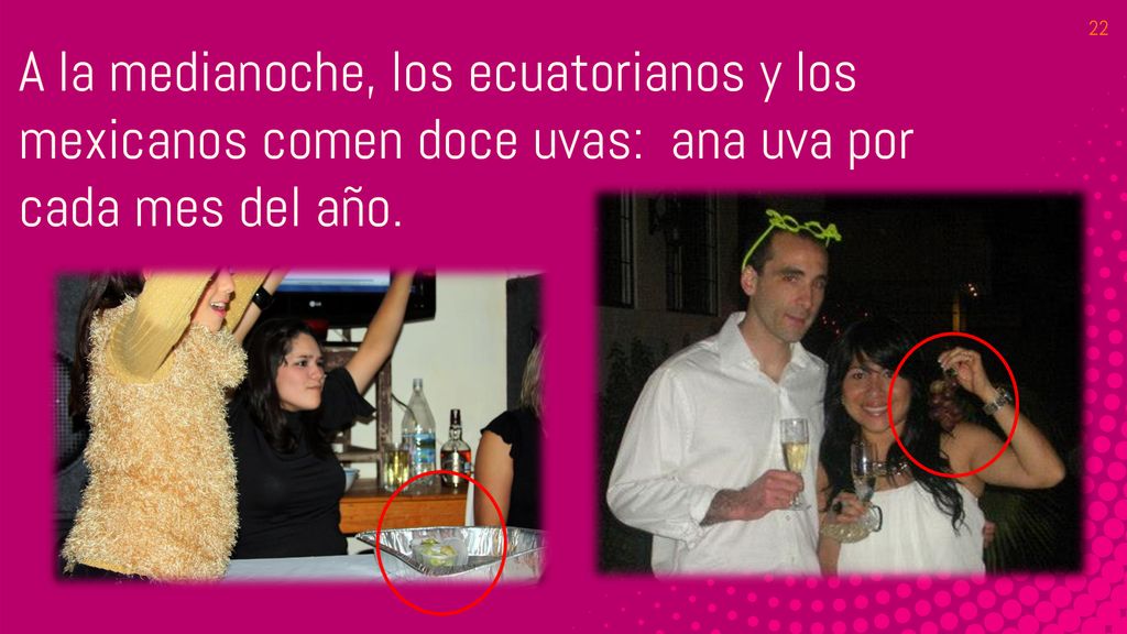 A la medianoche, los ecuatorianos y los mexicanos comen doce uvas: ana uva por cada mes del año.