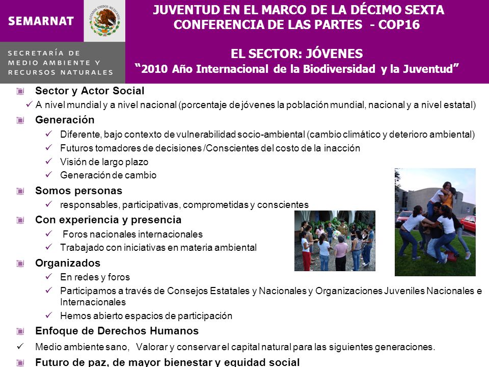 JUVENTUD EN EL MARCO DE LA DÉCIMO SEXTA CONFERENCIA DE LAS PARTES - COP16 EL SECTOR: JÓVENES 2010 Año Internacional de la Biodiversidad y la Juventud