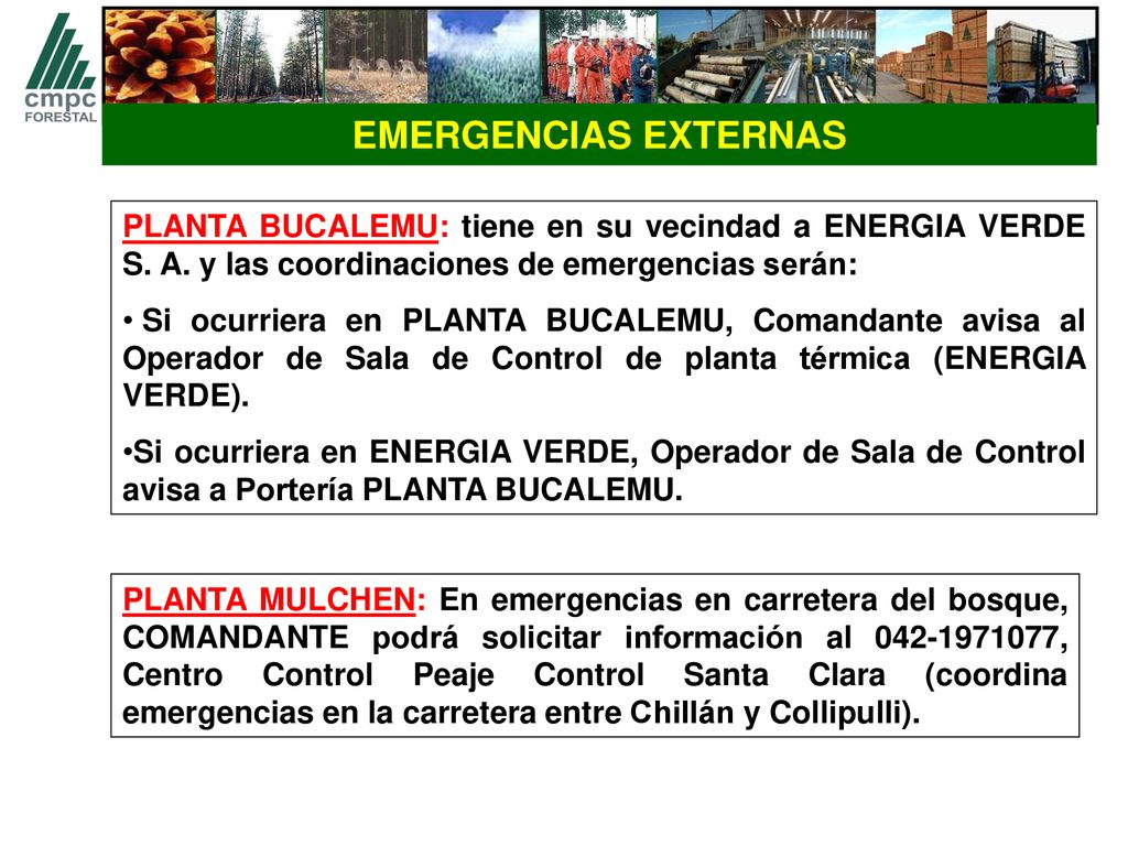 EMERGENCIAS EXTERNAS PLANTA BUCALEMU: tiene en su vecindad a ENERGIA VERDE S. A. y las coordinaciones de emergencias serán: