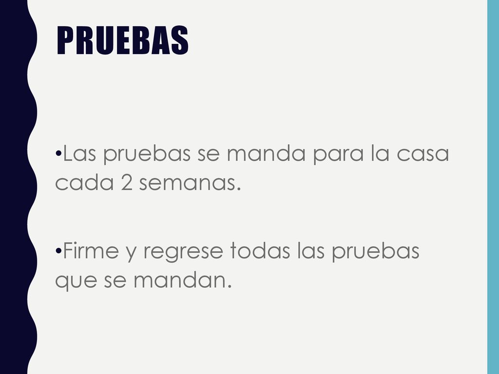 Pruebas Las pruebas se manda para la casa cada 2 semanas.
