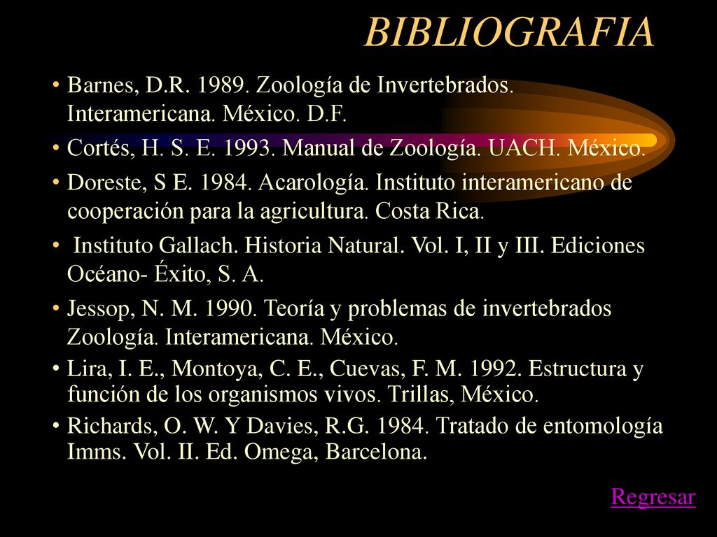 BIBLIOGRAFIA Barnes, D.R Zoología de Invertebrados. Interamericana. México. D.F. Cortés, H. S. E Manual de Zoología. UACH. México.