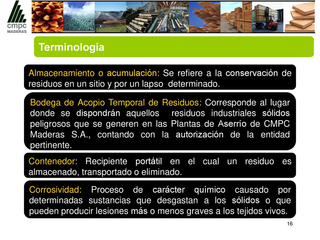 Terminología Almacenamiento o acumulación: Se refiere a la conservación de residuos en un sitio y por un lapso determinado.