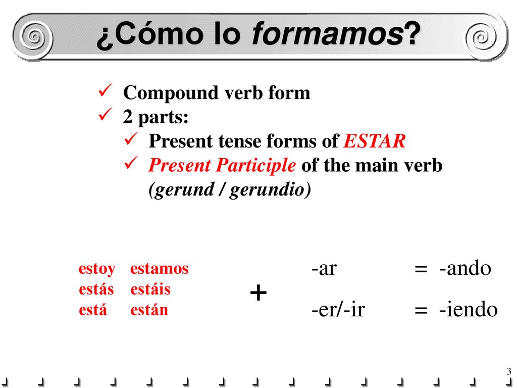 ¿Cómo lo formamos + -ar = -ando -er/-ir = -iendo Compound verb form
