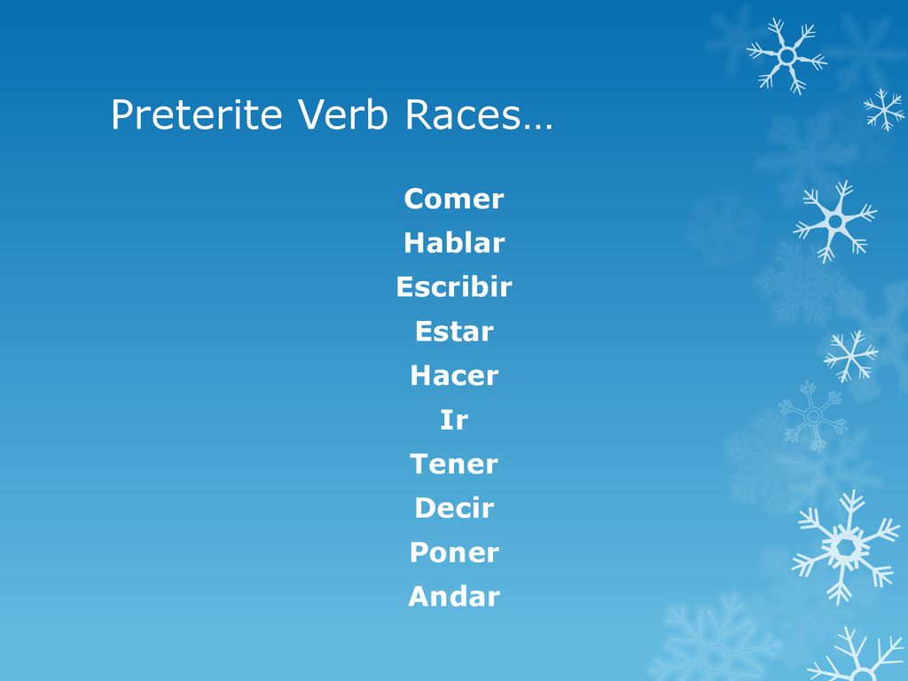 Comer Hablar Escribir Estar Hacer Ir Tener Decir Poner Andar