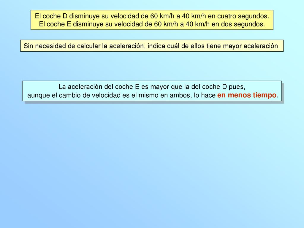 La aceleración del coche E es mayor que la del coche D pues,