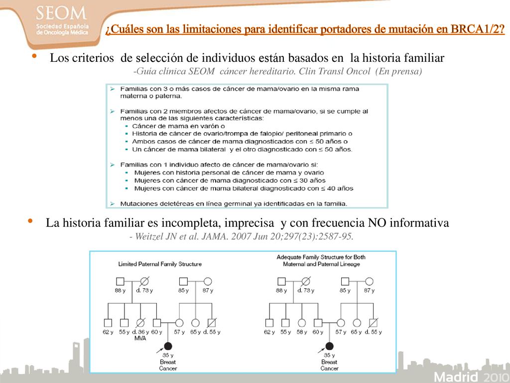 ¿Cuáles son las limitaciones para identificar portadores de mutación en BRCA1/2