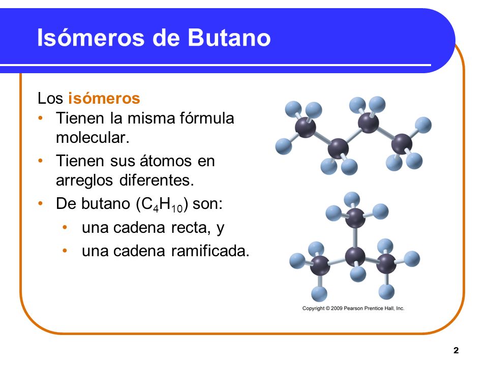 Isómeros de Butano Los isómeros Tienen la misma fórmula molecular.