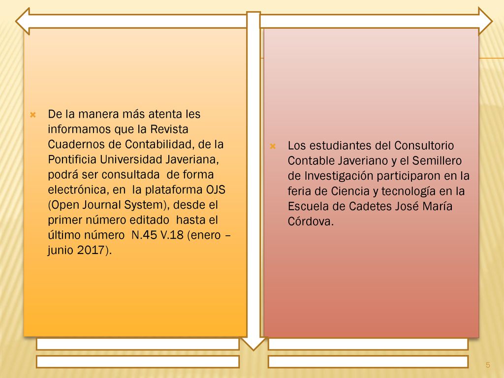 De la manera más atenta les informamos que la Revista Cuadernos de Contabilidad, de la Pontificia Universidad Javeriana, podrá ser consultada de forma electrónica, en la plataforma OJS (Open Journal System), desde el primer número editado hasta el último número N.45 V.18 (enero – junio 2017).