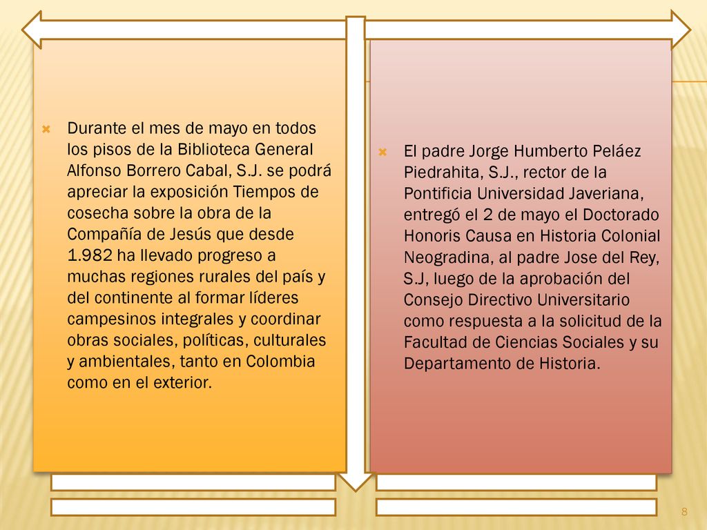 Durante el mes de mayo en todos los pisos de la Biblioteca General Alfonso Borrero Cabal, S.J. se podrá apreciar la exposición Tiempos de cosecha sobre la obra de la Compañía de Jesús que desde ha llevado progreso a muchas regiones rurales del país y del continente al formar líderes campesinos integrales y coordinar obras sociales, políticas, culturales y ambientales, tanto en Colombia como en el exterior.