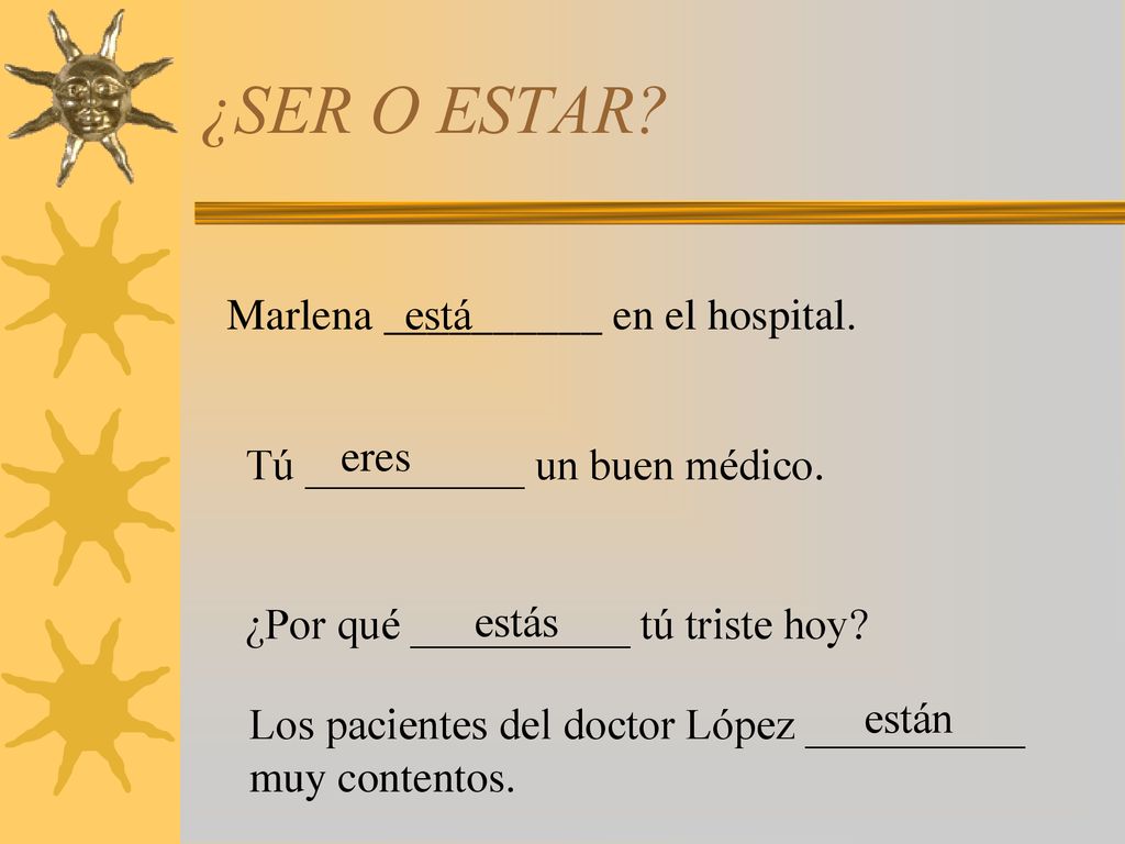 ¿SER O ESTAR Marlena __________ en el hospital. está eres