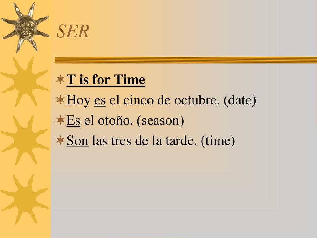 SER T is for Time Hoy es el cinco de octubre. (date)