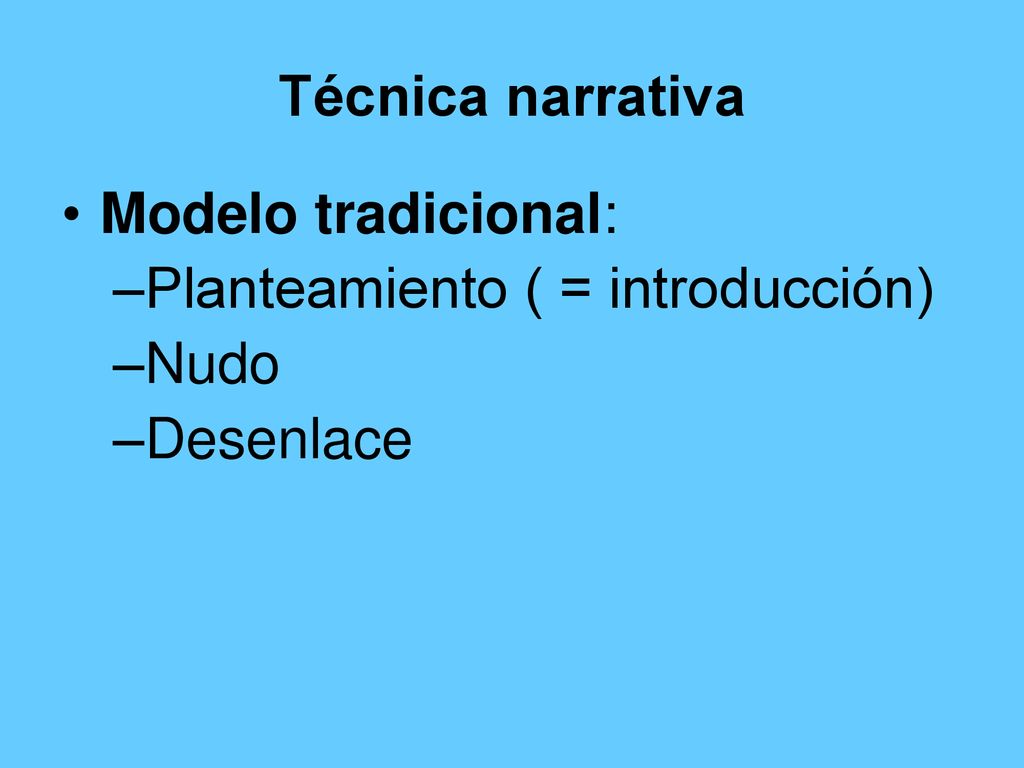 Técnica narrativa Modelo tradicional: Planteamiento ( = introducción) Nudo Desenlace