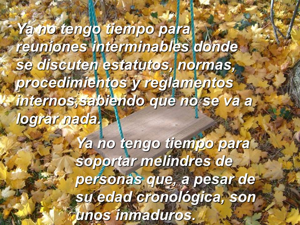 Ya no tengo tiempo para reuniones interminables donde se discuten estatutos, normas, procedimientos y reglamentos internos,sabiendo que no se va a lograr nada.