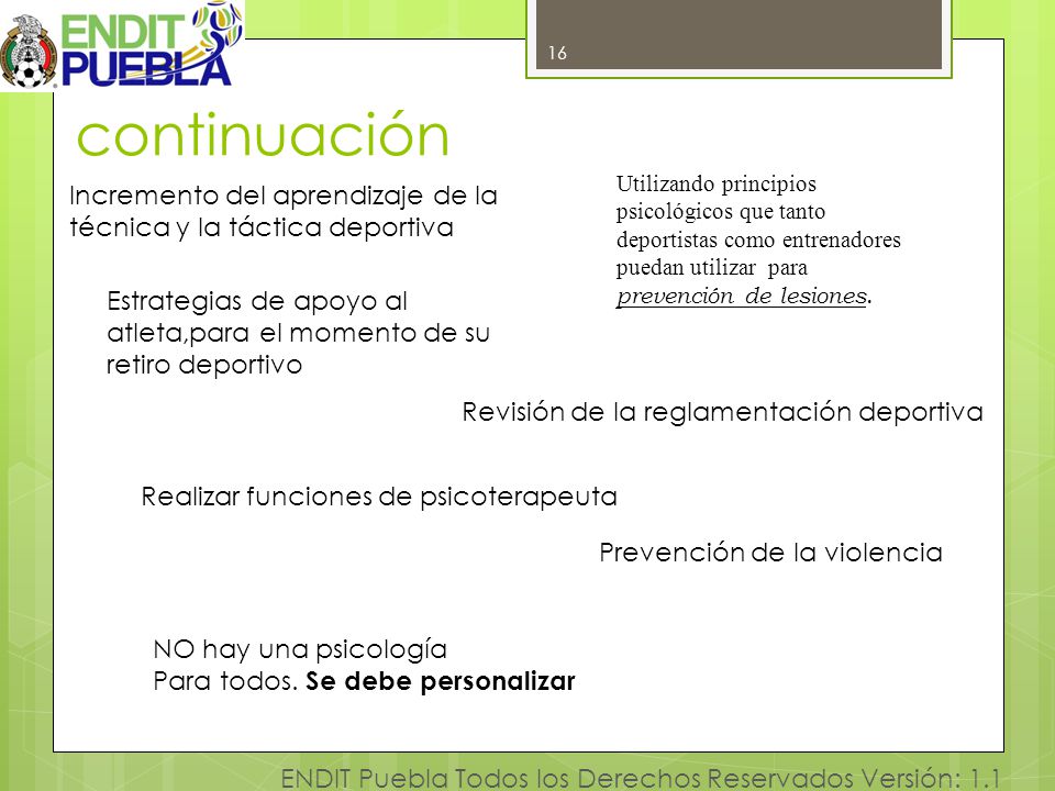 continuación 16. Utilizando principios psicológicos que tanto deportistas como entrenadores puedan utilizar para prevención de lesiones.