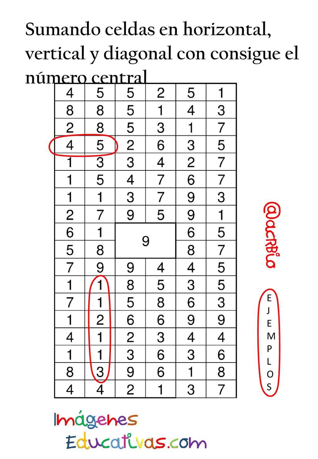 Sumando celdas en horizontal, vertical y diagonal con consigue el número central