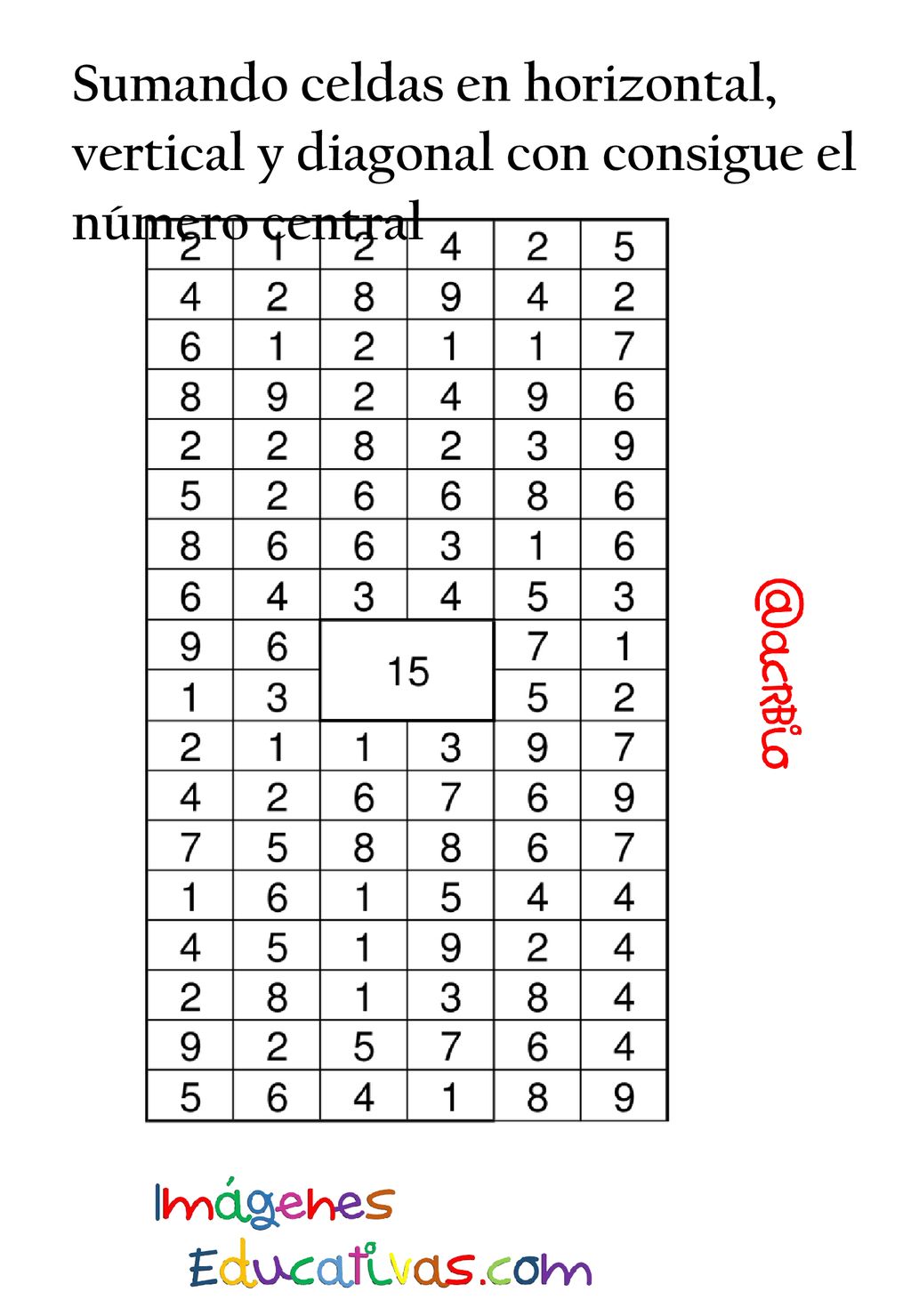 Sumando celdas en horizontal, vertical y diagonal con consigue el número central