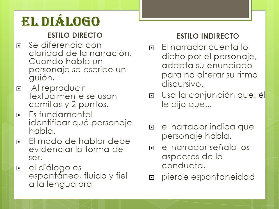 El Diálogo ESTILO DIRECTO. Se diferencia con claridad de la narración. Cuando habla un personaje se escribe un guión.