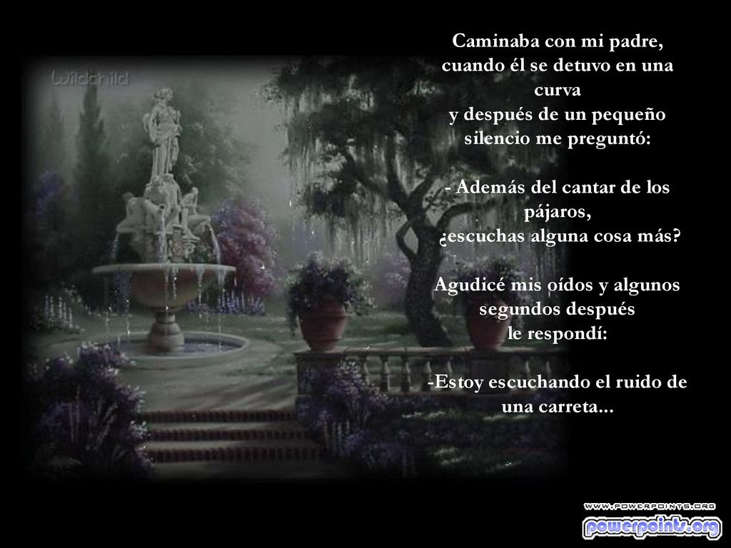 Caminaba con mi padre, cuando él se detuvo en una curva y después de un pequeño silencio me preguntó: - Además del cantar de los pájaros, ¿escuchas alguna cosa más.