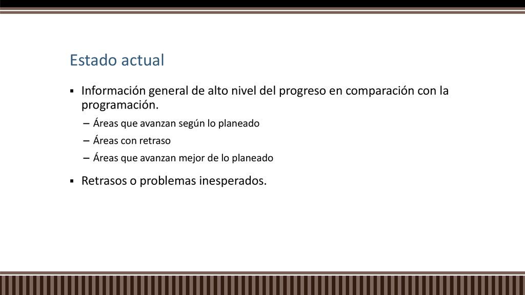 Estado actual Información general de alto nivel del progreso en comparación con la programación. Áreas que avanzan según lo planeado.