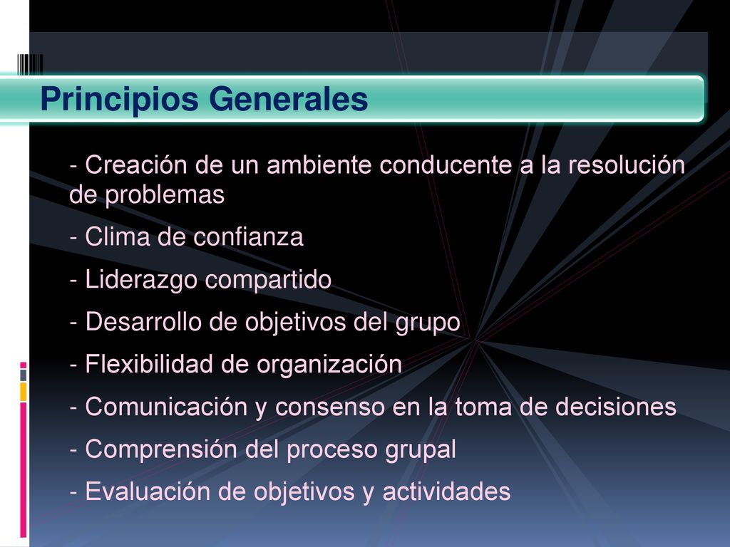 Principios Generales - Creación de un ambiente conducente a la resolución de problemas. - Clima de confianza.