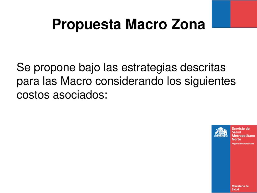 Propuesta Macro Zona Se propone bajo las estrategias descritas para las Macro considerando los siguientes costos asociados: