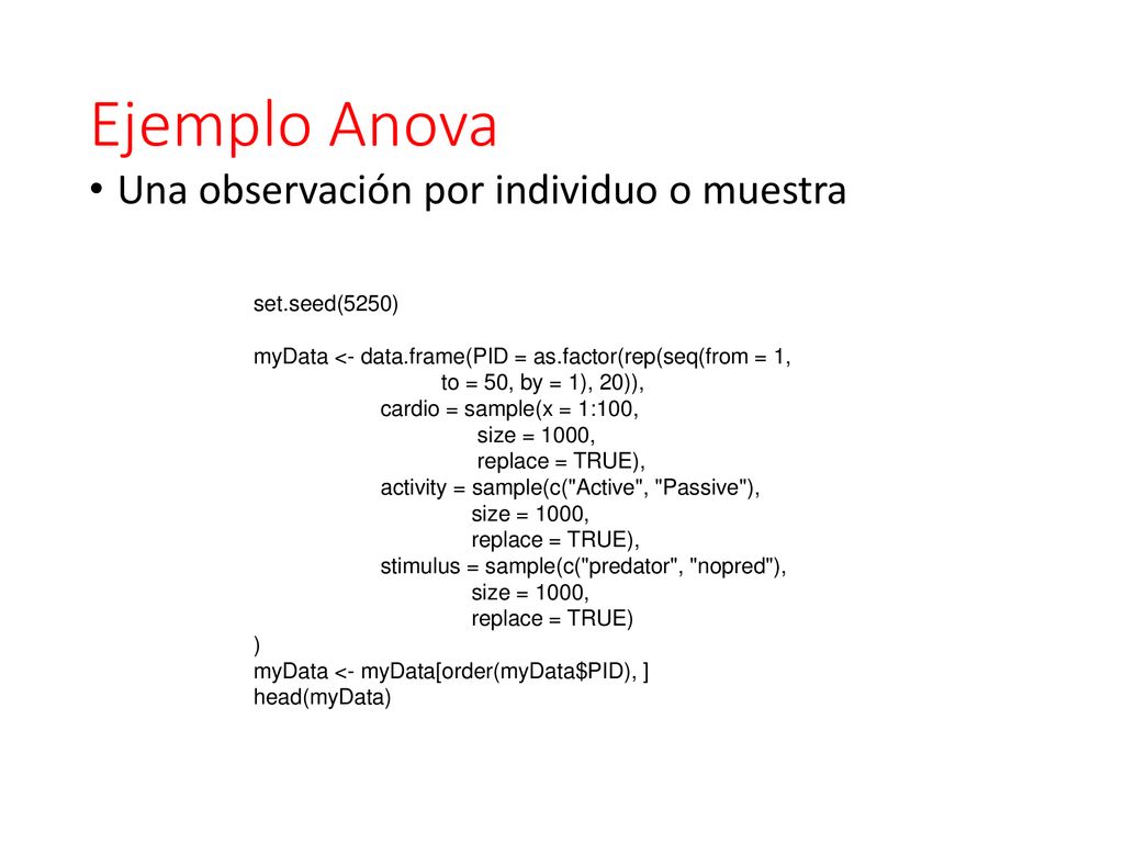Ejemplo Anova Una observación por individuo o muestra set.seed(5250)