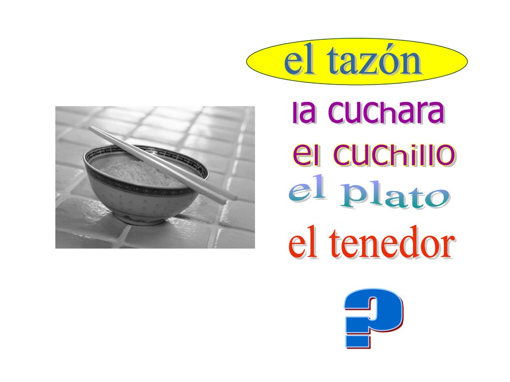 el tazón la cuchara el cuchillo el plato el tenedor