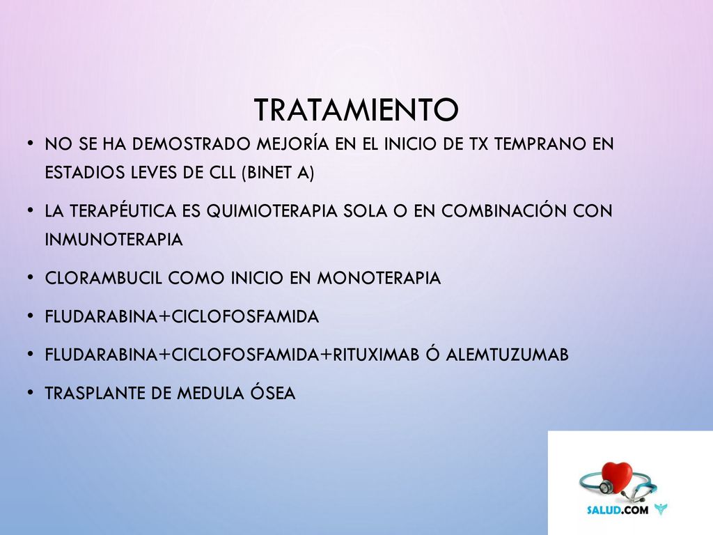 TRATAMIENTO No se ha demostrado mejoría en el inicio de Tx temprano en estadios leves de CLL (Binet A)