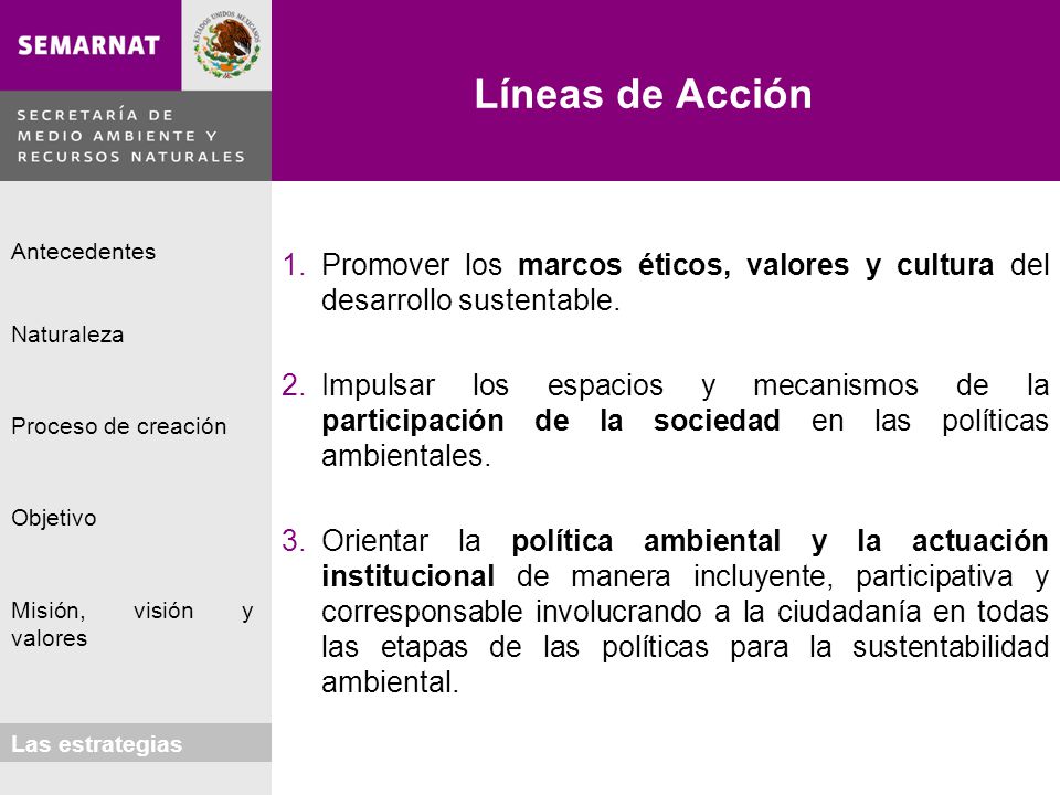 Líneas de Acción Promover los marcos éticos, valores y cultura del desarrollo sustentable.