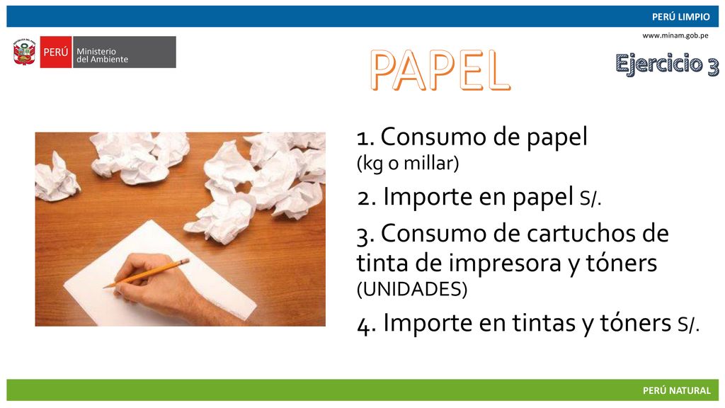 PAPEL 1. Consumo de papel (kg o millar) 2. Importe en papel S/.