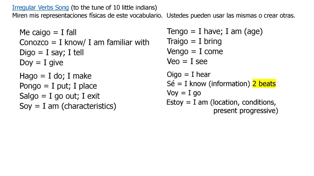 Conozco = I know/ I am familiar with Digo = I say; I tell Doy = I give