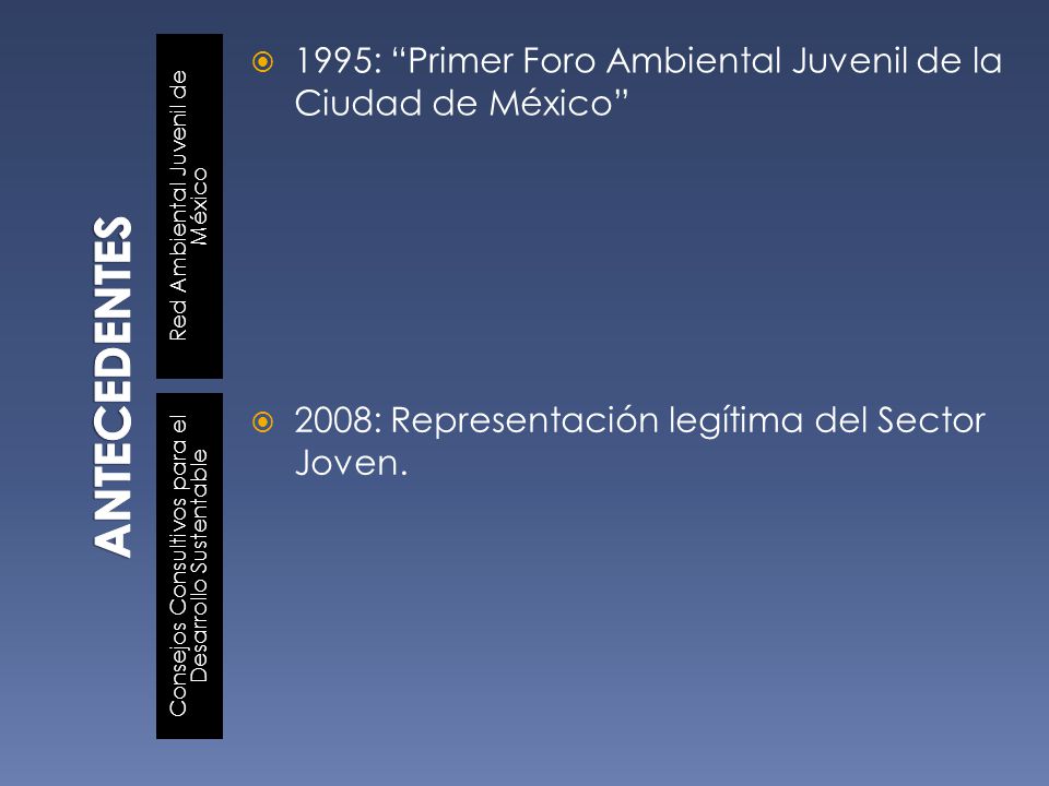 ANTECEDENTES Red Ambiental Juvenil de México. 1995: Primer Foro Ambiental Juvenil de la Ciudad de México