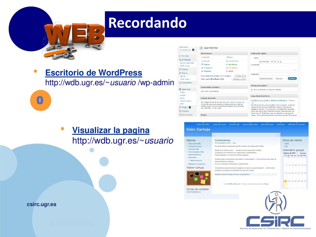 Recordando Escritorio de WordPress   /wp-admin. Visualizar la pagina