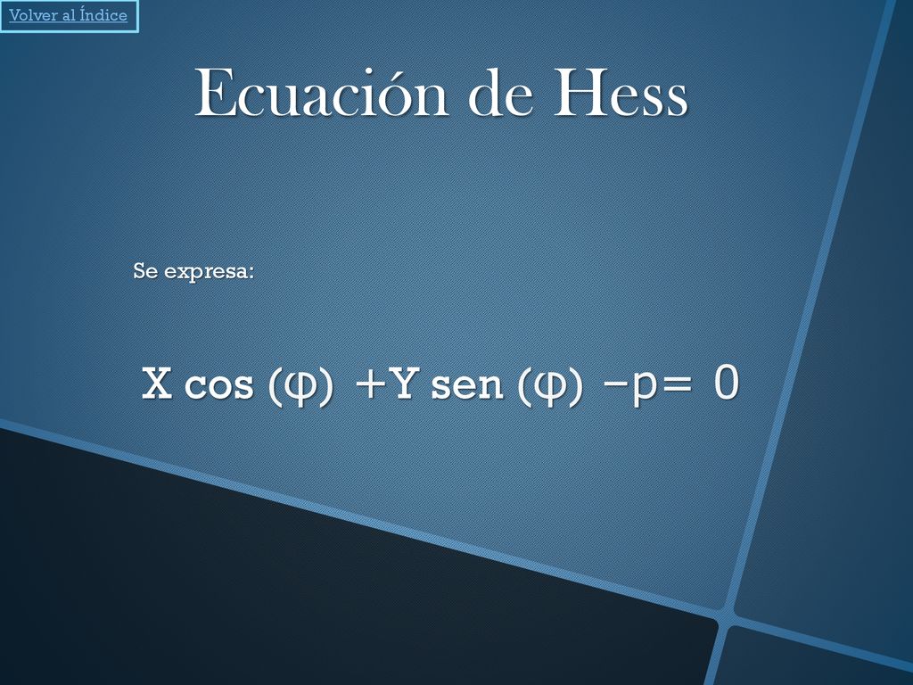 Ecuación de Hess X cos (φ) +Y sen (φ) –p= 0 Se expresa: