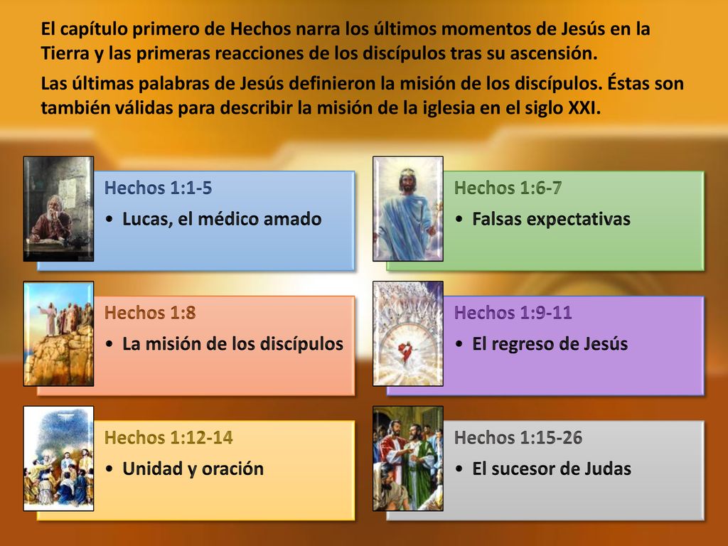 El capítulo primero de Hechos narra los últimos momentos de Jesús en la Tierra y las primeras reacciones de los discípulos tras su ascensión.