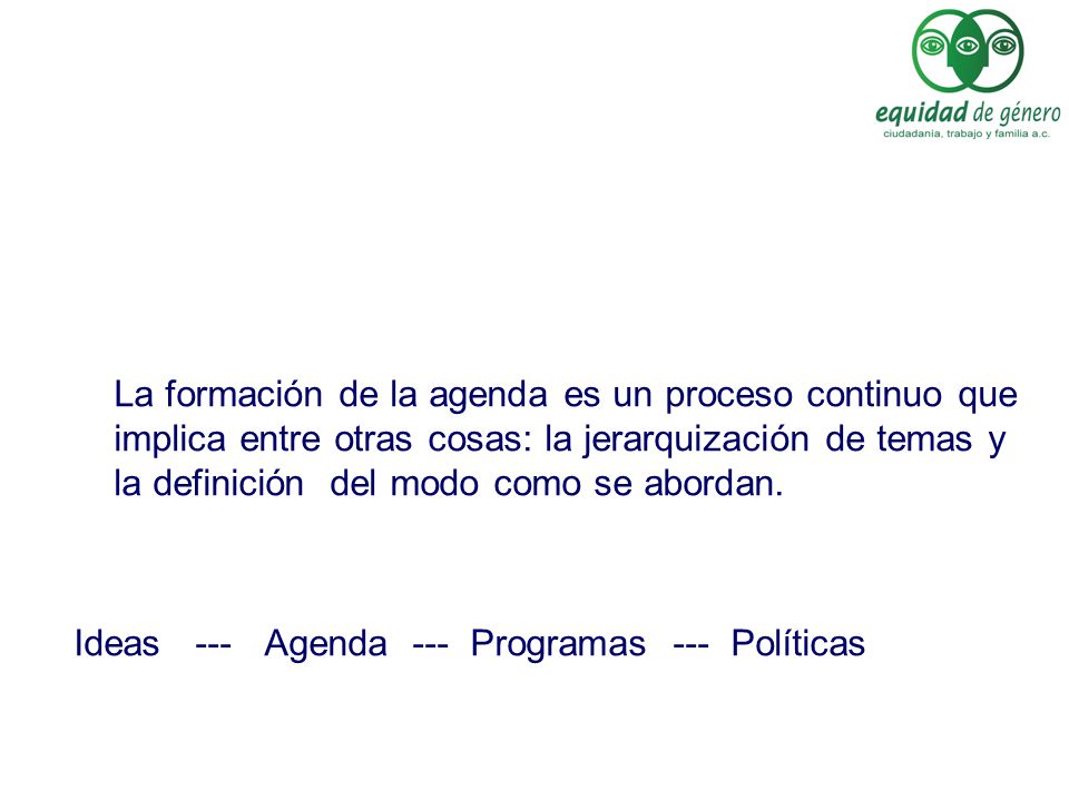 La formación de la agenda es un proceso continuo que implica entre otras cosas: la jerarquización de temas y la definición del modo como se abordan.