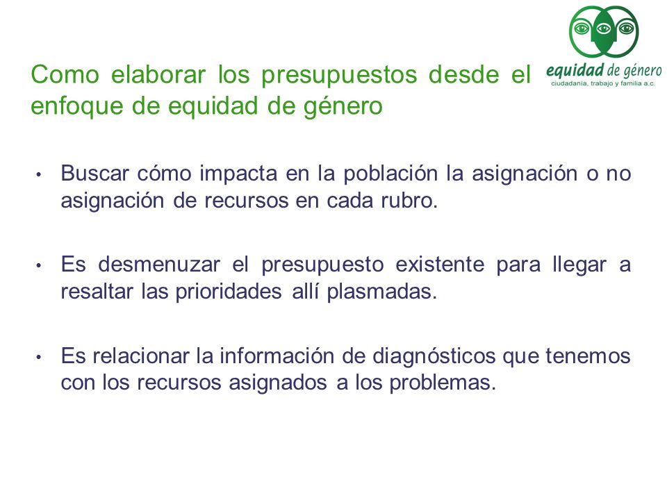 Como elaborar los presupuestos desde el enfoque de equidad de género