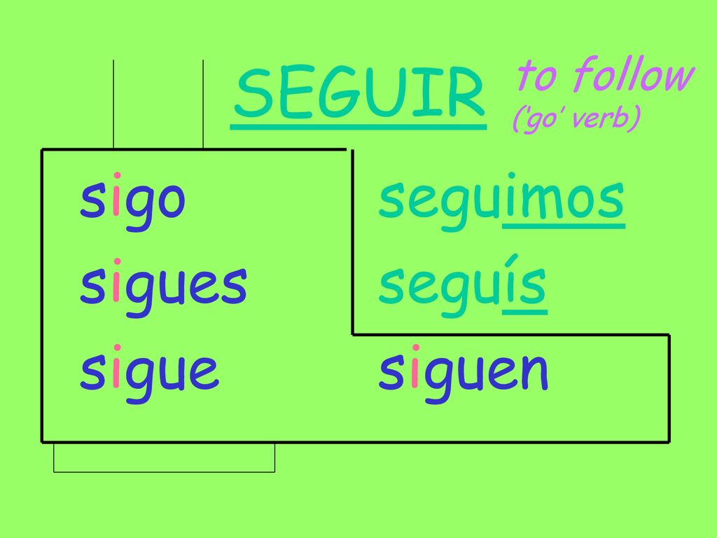 SEGUIR to follow (‘go’ verb) sigo sigues sigue seguimos seguís siguen
