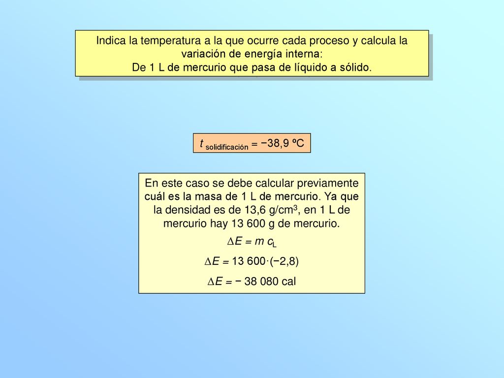 De 1 L de mercurio que pasa de líquido a sólido.